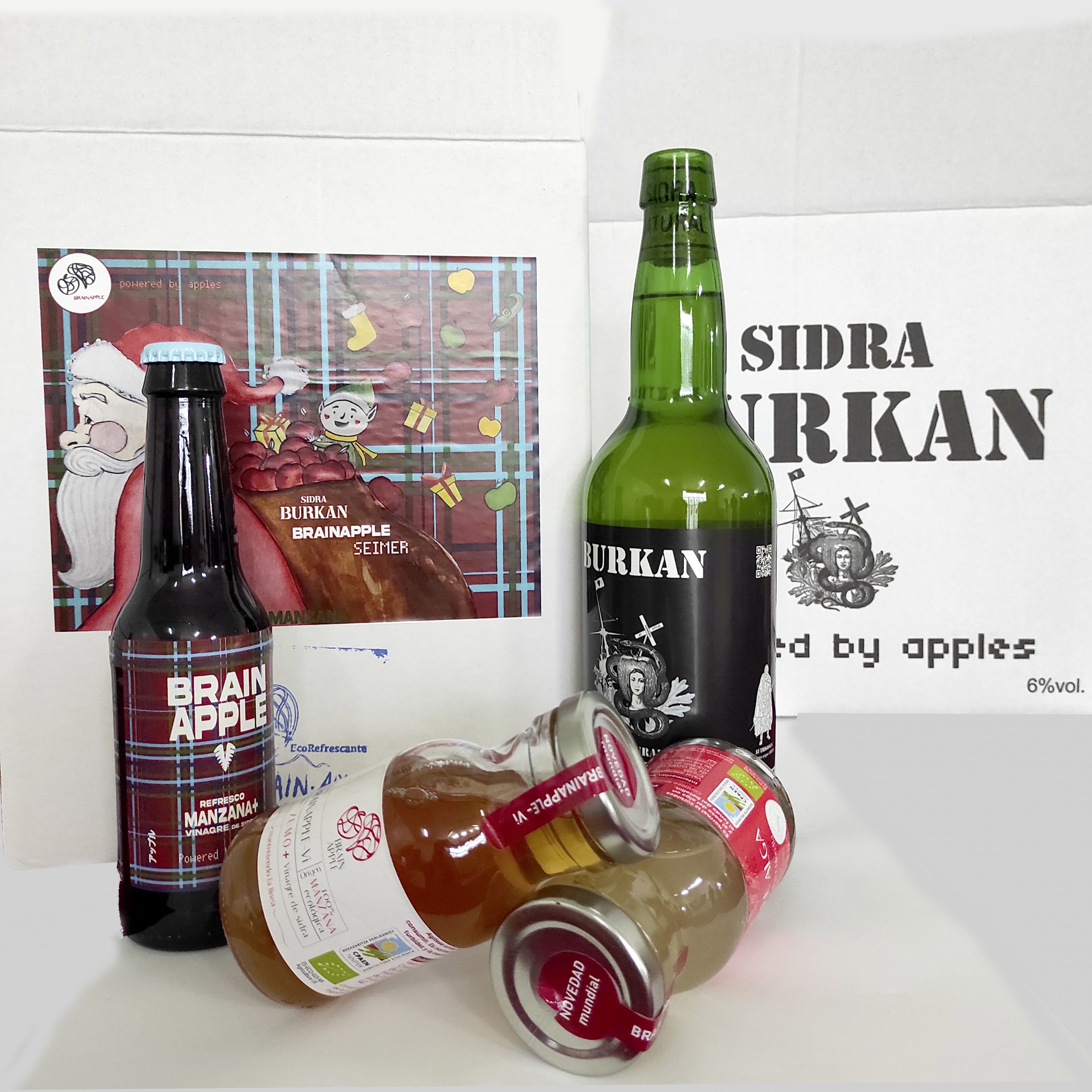 Lote de regalo con sidra Burkan, Refresco Brainapple, zumo ecológico Brainapple-Alga y zumo ecológico Brainapple-Vi