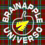 Logo de Brainapple Universo con fondo de tartán, cuadros escoceses