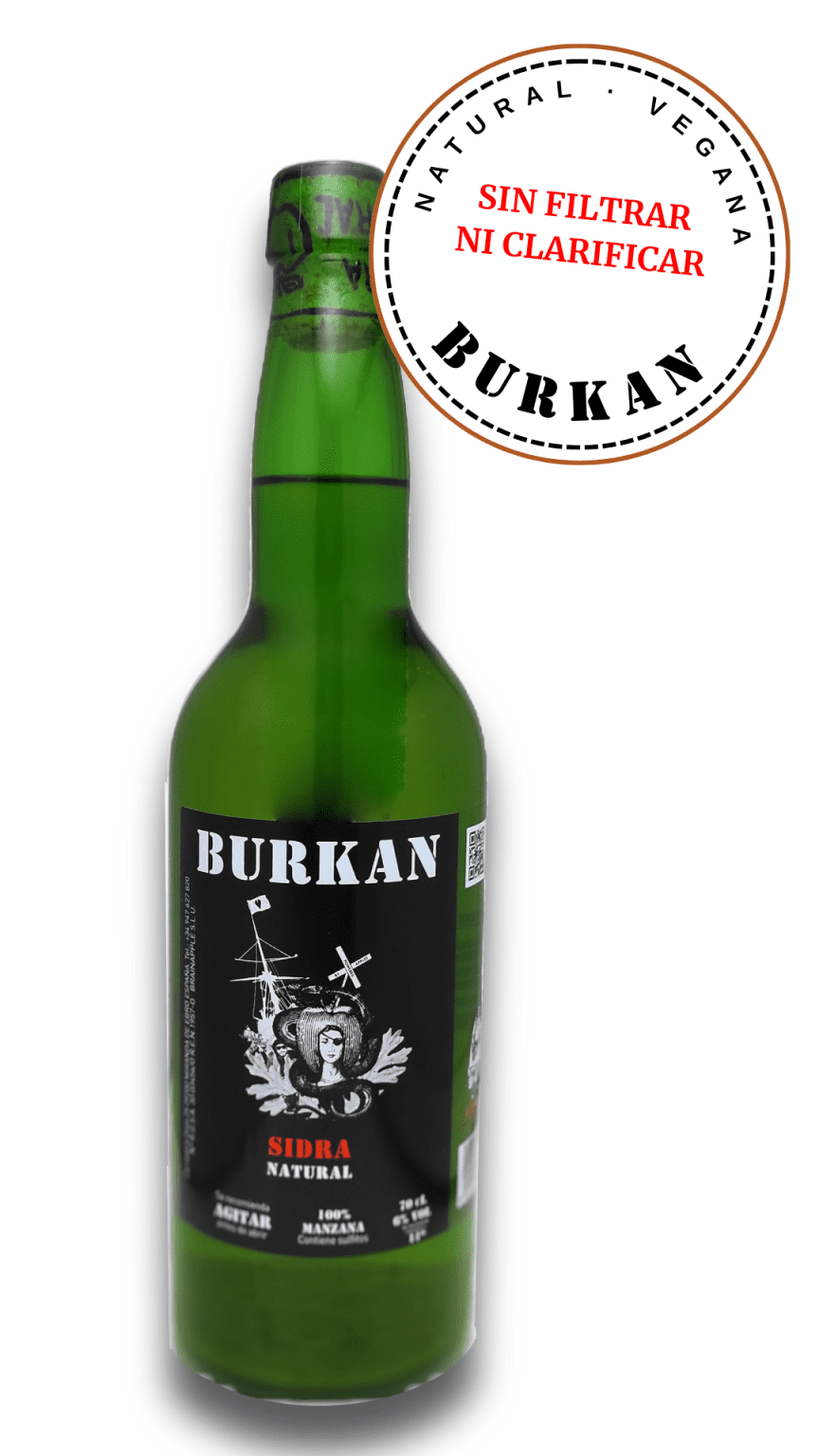 Sidra natural Burkan, sin filtrar ni clarificar. Vegana y elaborada de la manera tradicional. Primera sidra elaborada en Miranda de Ebro